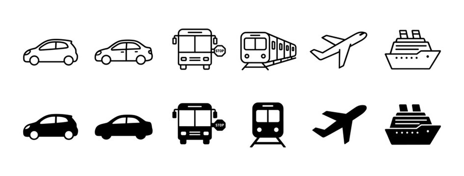 Set of various transportation vehicle icons including car bus train plane and ship with transportation logistics shipping aviation traveling