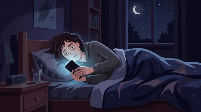 Illustration of person lying in bed using smartphone at night, Concept of insomnia, technology and digital addiction, Represents late night scrolling and sleep disorder made by AI generative