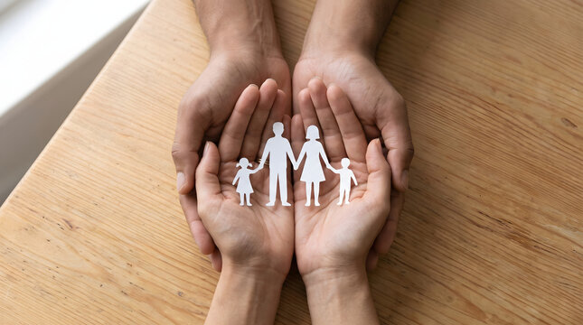 Hands Holding Paper Family Figures Insurance and Care Concept