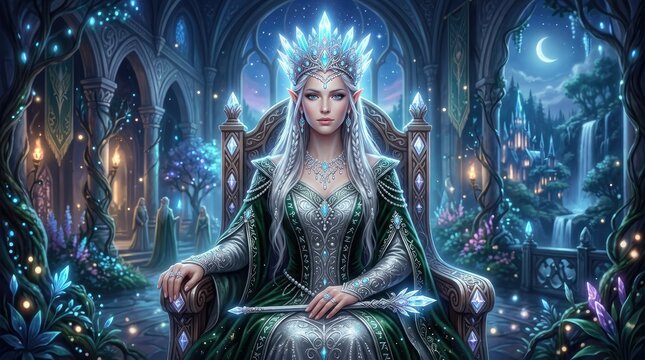 Fantasy illustration of a beautiful elf queen with a crystal crown on a throne.
