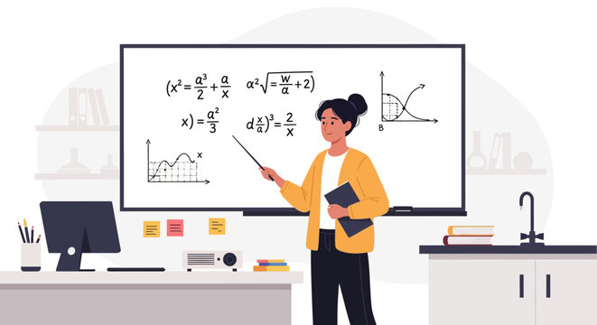 Woman teacher explaining complex mathematical equations on a whiteboard.