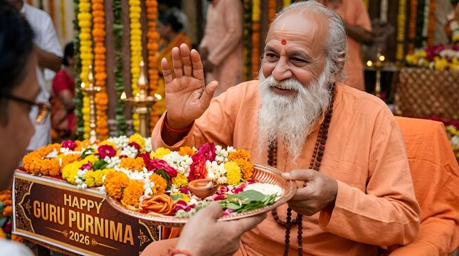 Smiling Guru Purnima Spiritual Leader Blessing Offering During Festival