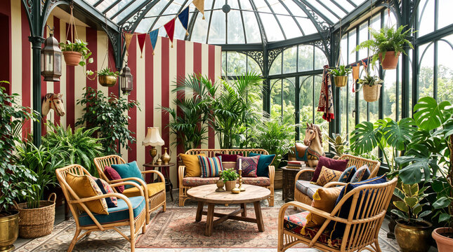 circus core style conservatory greenhouse interior with wicker furniture and striped walls