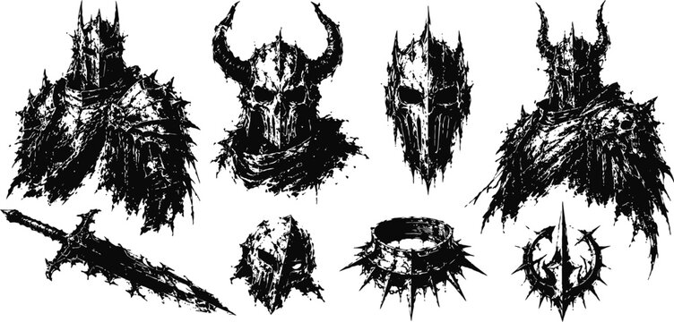 Spiky dark fantasy knight armor and cursed weapons set thorned helmets sword crown and trident illustration