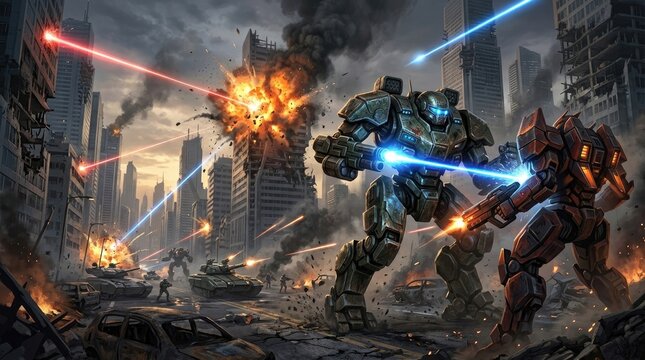 Epic science fiction battle scene with giant robots in a destroyed city.