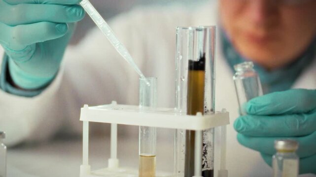 A researcher in a laboratory carefully examines a range of substances and liquids, clad in protective clothing, documenting reactions to ensure safety and accuracy in the controlled environment