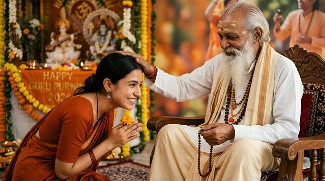 Spiritual Blessing: Guru Touches Devotee's Forehead on Guru Purnima