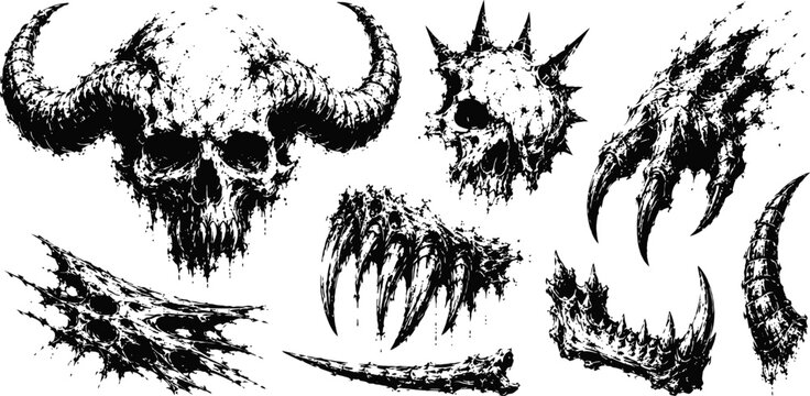 Grunge demonic skull and claws set spiked horned skull, torn flesh textures, gothic horror tattoo elements