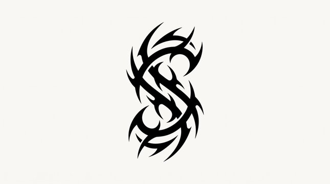 Tribal tattoo letter S design, black ink gothic calligraphy, sharp aggressive flame motif, stylized alphabet vector illustration for branding