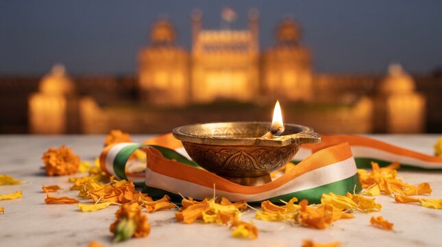 Celebrating the vibrant spirit of India on Independence Day, a traditional oil lamp illuminates a historic backdrop, symbolizing unity, peace, and the enduring legacy of a proud, free nation