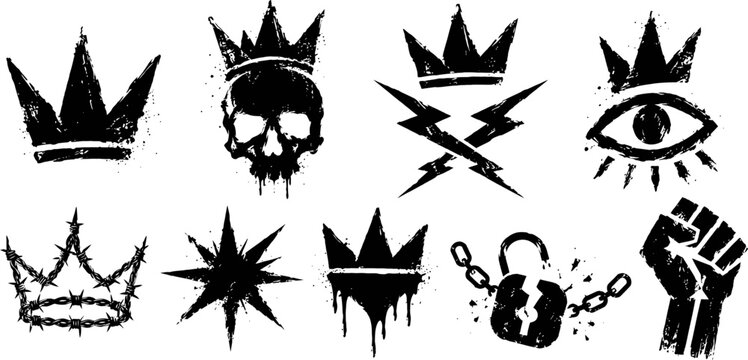 Graffiti crowns and punk icons set with skull lightning eye fist and broken lock grunge symbols