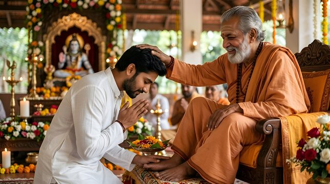 Spiritual Teacher Blesses Devotee in Traditional Indian Ceremony