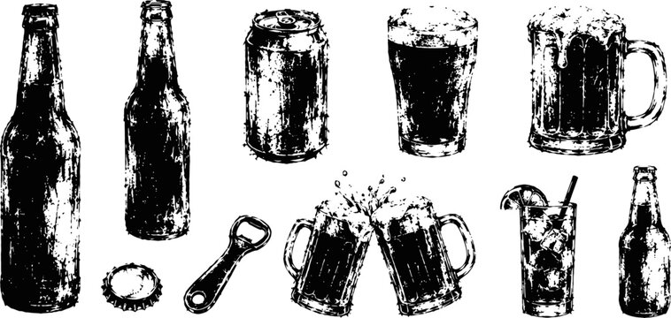 Grunge beer bottles cans and glasses set hand drawn textured beverage silhouettes and splashing drinks icons