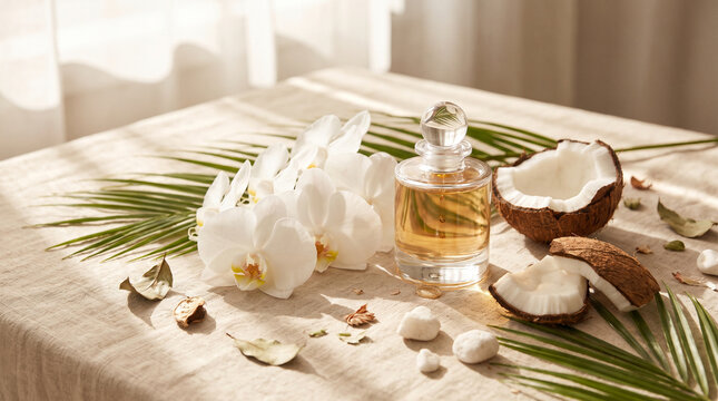 elegant perfume bottle with coconut and white orchids on linen fabric background