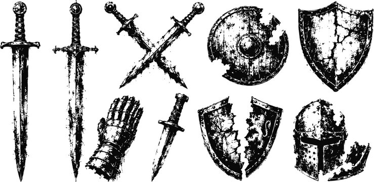 Medieval knight weapons and armor set vintage hand drawn swords shields helmet gauntlet illustration