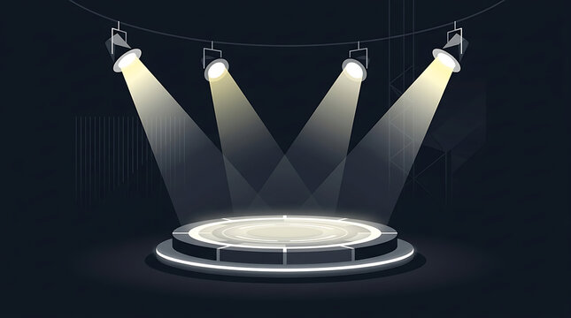 Empty circular performance stage under bright spotlights on a dark professional studio background