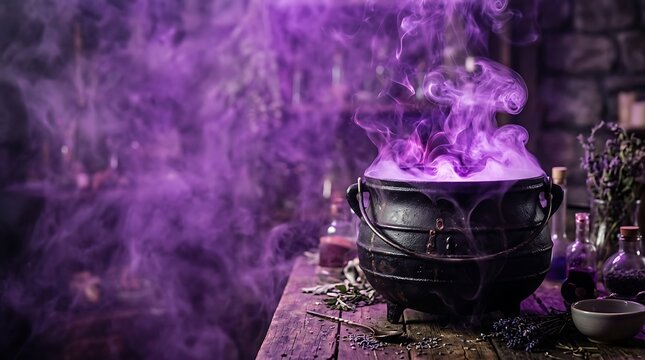 Black witch cauldron with purple magic smoke
