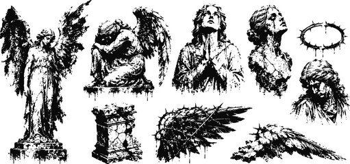 Fototapeta premium Gothic grieving angel statues and praying figures with wings and thorn crowns in grunge ink illustration set