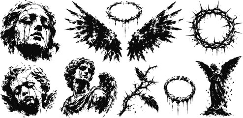 Fototapeta premium Bleeding angel statues and thorn crowns grunge gothic wings, halo, crying faces, dramatic religious symbolism