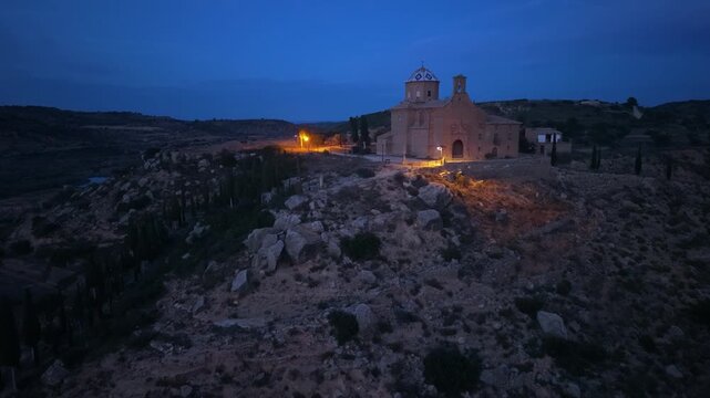 Aerial view from a drone of the Hermitage and Iberian Settlement of San Cristobal in the Matarra&ntilde;a region, Teruel Province, Aragon Autonomous Community, Spain, Europe
