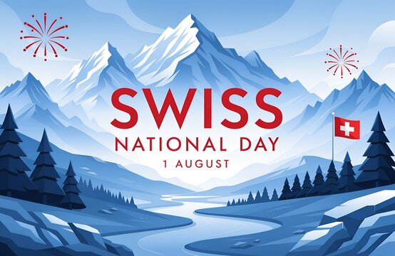 Swiss National Day Celebration August 1: Mountains, Flag, Alphorn, Goat, Edelweiss Illustration, Swiss National Day Celebration 1 August Typography