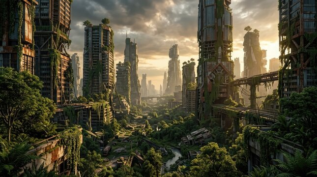 Post-apocalyptic city ruins overgrown with lush nature at sunset.