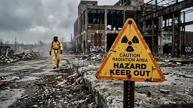 Radiation hazard warning sign with a stalker in a hazmat suit exploring abandoned ruins of a nuclear power plant in a dark cinematic style for a post-apocalyptic contamination concept