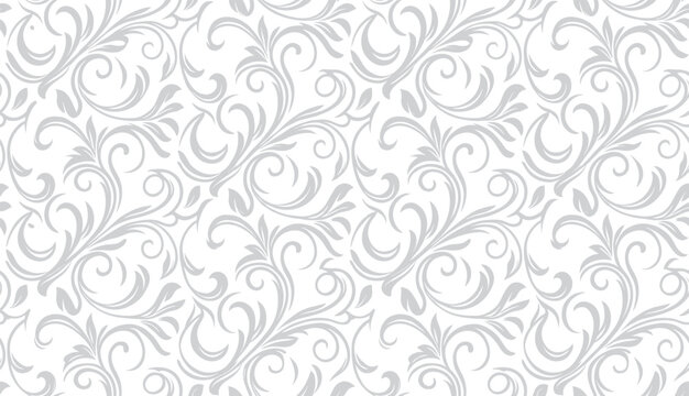 Seamless pattern with elegant gray scrollwork damask ornament on white background.
