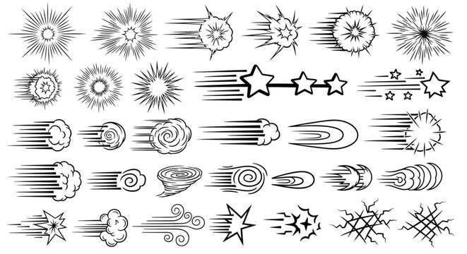 Set of comic book speed lines and impact effects, hand-drawn vector elements for action design