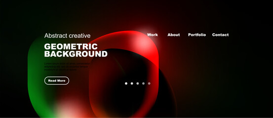 Fototapeta premium Dark background features vibrant geometric shapes, text elements, navigation menu. Modern design suitable for website header or banner.