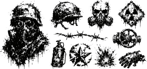 Fototapeta premium Gas mask skulls and soldier helmet set with barbed wire and radiation hazard splatter elements