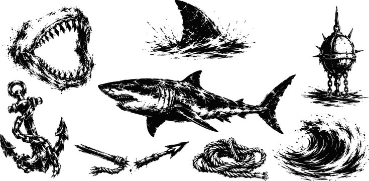 Rough black ink shark elements set aggressive shark, jaw, fin, anchor, buoy, wave, rope, harpoon