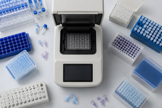 PCR Thermal Cycler Surrounded by Microtubes Tube Racks and Sterile Tips for Genetic Amplification Display