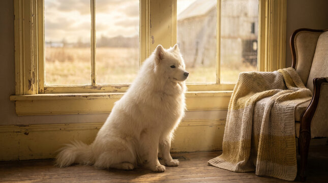 white samoyed dog sitting on wooden floor by rustic window with sunlight
