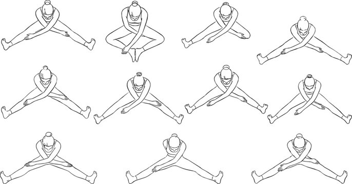 Set of continuous line art vector illustrations showing a woman performing seated straddle stretching and yoga poses