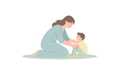 Fototapeta premium Caring mother kneeling down on grass to comfort her crying little boy with a gentle touch in a heartwarming flat illustration.