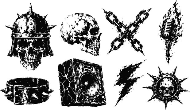 Spiked skull helmet flaming skull microphone burning chain lightning bolt gothic grunge emblem set