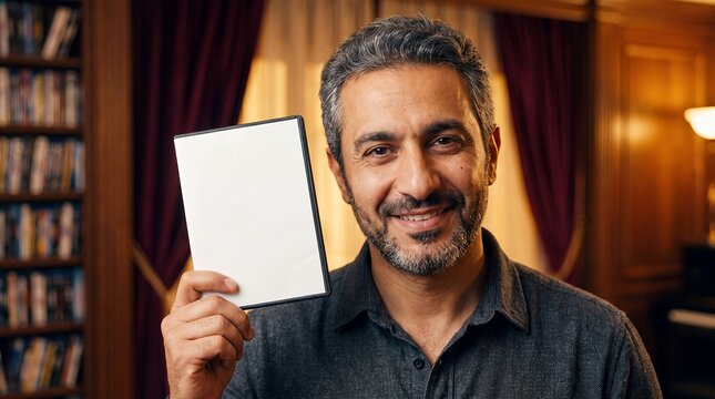 dvd bluray case mockup blank cover copyspace packaging man library smiling middle aged man presents a white case in a warm home library for entertainment promotion publishing branding and cover design