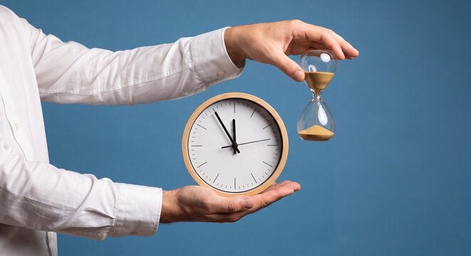 Business professional holding wooden wall clock and glass hourglass against solid blue background studio shot with shirt holding circular captures person white