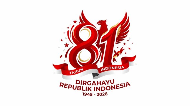 Indonesia 81st independence anniversary logo with red and white ribbons and Garuda emblem in modern vector style isolated on white background for national day celebration and patriotic graphic design