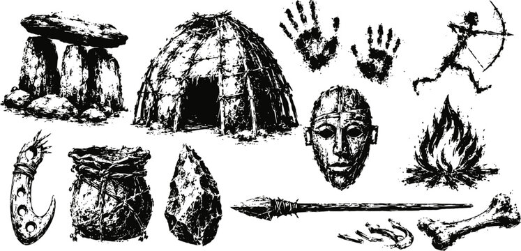 Primitive prehistoric elements collection stone tools spear hunter fire hut cave art tribal symbols set