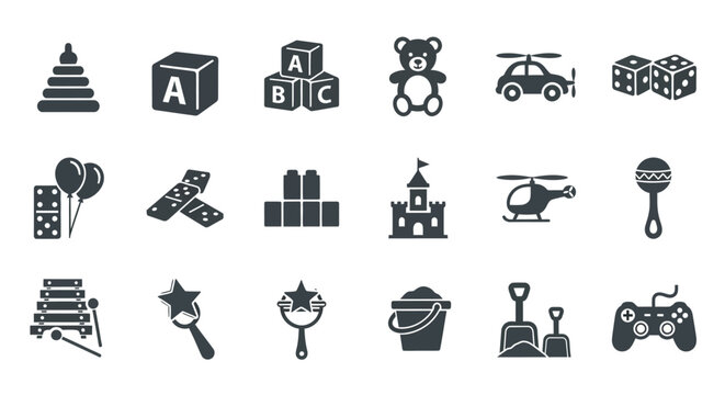 Kids toys icon set with teddy bear wooden blocks pyramid helicopter rattle xylophone and gamepad symbols