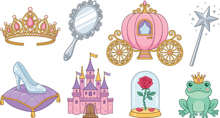 Fairytale princess vector element set with golden tiara crown glass slipper on pillow magic wand enchanted rose pumpkin carriage castle and frog prince © MdShakib