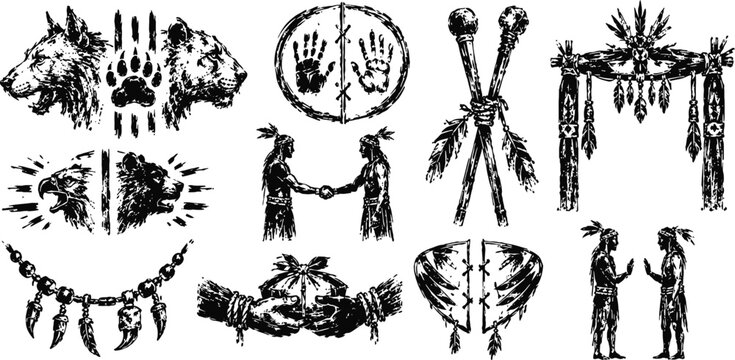 Tribal wolf totems with handprints, feathers, couples exchanging gifts and ceremonial elements set