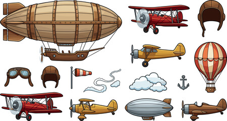 Vintage Aviation and Retro Aircraft Vector Icon Set with Steampunk Airship, Biplanes, Propeller Planes, Hot Air Balloon, Pilot Helmet, Goggles, and Cloud Elements © Najir