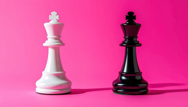Minimalist composition of white and black chess kings facing each other on a vibrant pink background with ample copy space for text