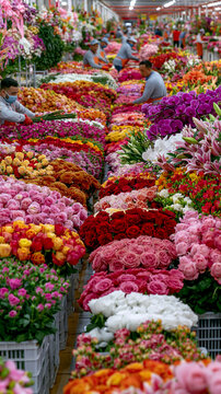 AI generator images of Luxury flower market filled with elegant bouquets, florist arranging fresh flowers, colorful blossoms, wedding inspiration, romantic