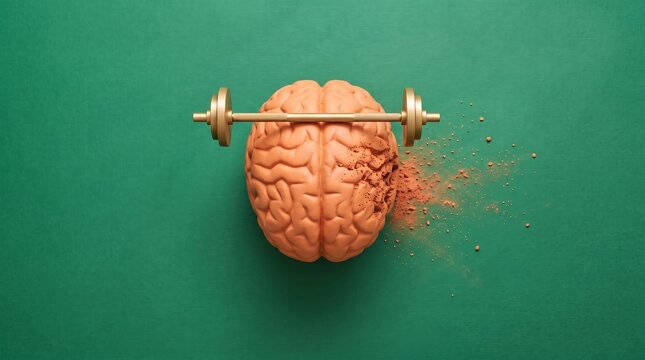Human brain model lifting barbell while crumbling