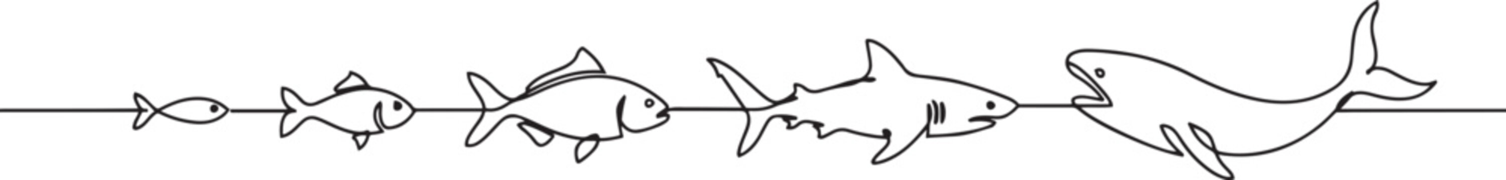 Food chain in one line on a white background. The big fish eat the small one. A symbol of capitalism, marketing, robots, pyramid schemes, cryptocurrencies. one line art icon drawing