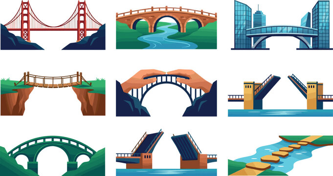 Architecture Bridge Vector Icon Set with Suspension, Stone Arch, Drawbridge, Skybridge, Wooden Suspension, Stepping Stones, and Conceptual Connecting Hands Designs